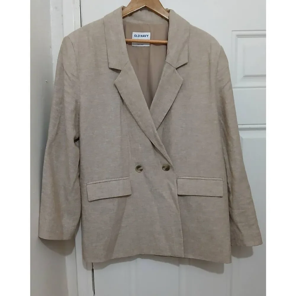 Old navy womens large linen viscose sand tan double Breasted blazer jacket